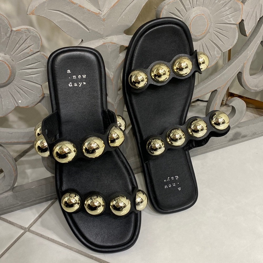 A New Day Black Sandal Slides with Gold Ball Details - Size 6.5 - never worn.